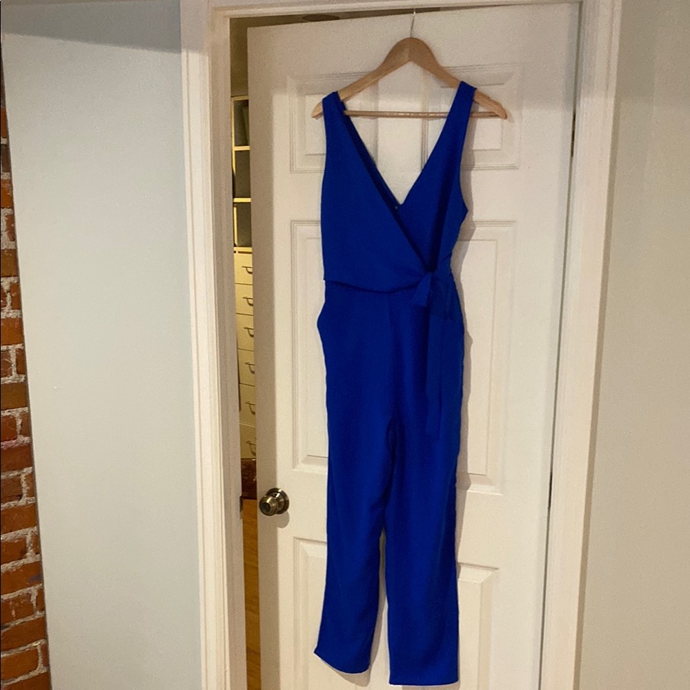 Lulu's Blue Jumpsuit with V-Neck and Defined Waist